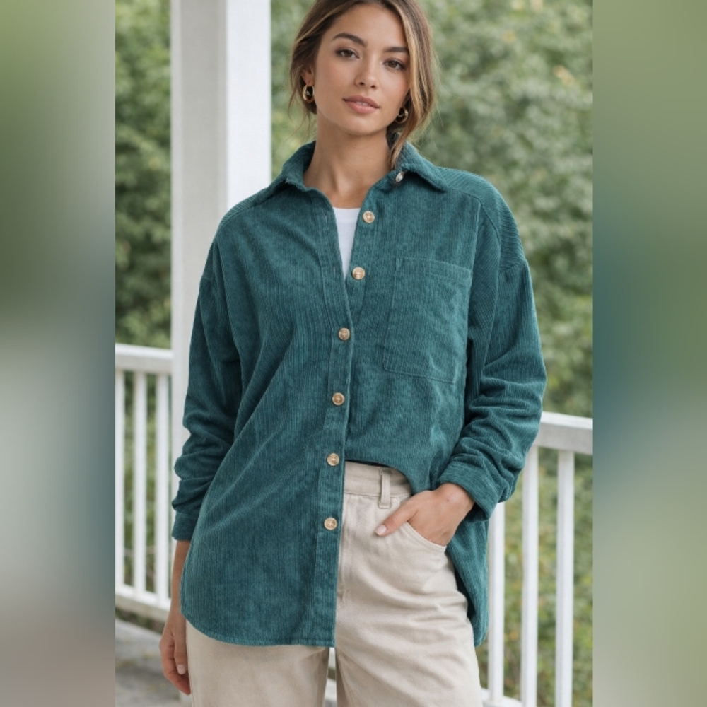 Oversized Teal Green Corduroy Shacket Button Down Long Sleeve Top Size M